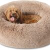 Bedsure Calming Fluffy Plush Faux Fur Orthopedic Anti-Slip Donut Dog & Cat Bed with Removable Cover, Camel, Small